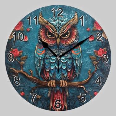Imagem de CHIFIGNO Relógio circular redondo de coruja azul, decoração de parede, analógico, bateria, relógio de parede, relógios de banheiro, decoração de parede