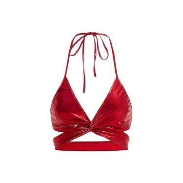 Imagem de BEAUDRM Blusa feminina lisa torcida frente frente única cropped cropped casual slim fit festa frente única, Vermelho, M