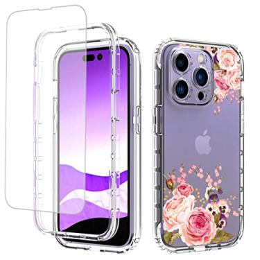 Imagem de Vavies Capa para iPhone 14 Pro 2022 com protetor de tela de vidro temperado, capa de telefone transparente flexível com design floral para Apple iPhone 14 Pro de 6,1 polegadas (flor rosa)