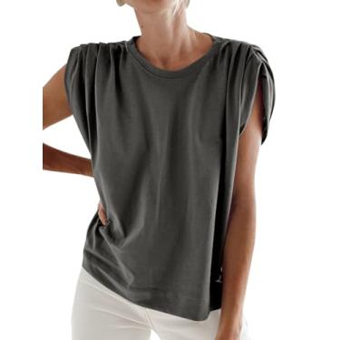 Imagem de Tankaneo Camisetas femininas de manga cavada, casuais, básicas, soltas, lisas, franzidas, para o verão, Cinza escuro, G