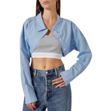 Imagem de Tankaneo Blusa feminina cropped de botão de manga comprida casual cropped de algodão com colarinho sólido, Azul claro, GG