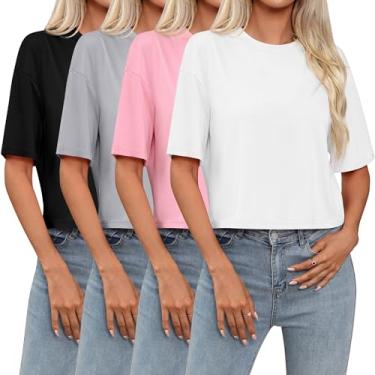 Imagem de Riyiper 4 peças femininas de meia manga cropped camisetas femininas casuais de gola redonda simples para exercícios de verão e ioga, Preto, cinza claro, rosa, branco, P