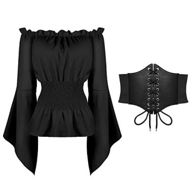 Imagem de Camisa feminina de pirata renascentista fantasia sexy ombro de fora bufante blusa camponesa por SUOSDEY, I - camisa preta + cinto preto, Medium