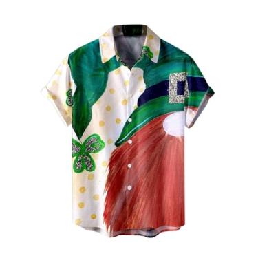Imagem de Camisa masculina divertida do Dia de São Patrício Green Clover Saint Pattys Day Camisetas havaianas manga curta com botões Ahola, 037-cáqui, XXG