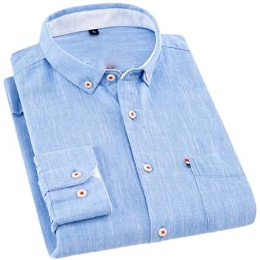 Imagem de ZMIN Camisa masculina slim fit de algodão de linho de manga comprida com bolso único de botão para o verão camisa casual lisa fina, Azul claro, P