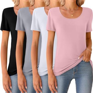 Imagem de Riyiper 4 peças camisetas femininas de manga curta gola redonda básica casual camisetas femininas básicas leves de verão, Preto, cinza claro, branco, rosa, GG