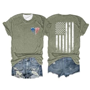 Imagem de 4th of July Shirts Camiseta feminina bandeira americana coração gráfico patriótico manga curta estrelas listras camisetas tops, #05-verde, GG
