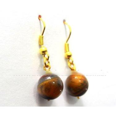 Imagem de Brinco Bolinha Furado Olho de Tigre Anzol Banho Dourado