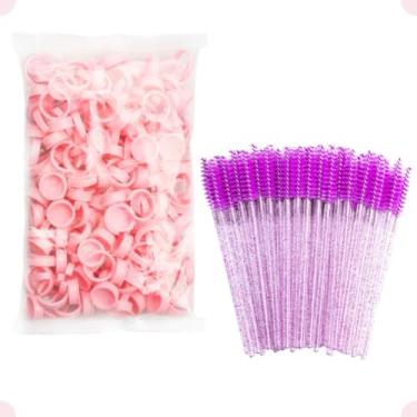 Imagem de Kit 100 Anel Batoque G + 50 Escovinha Cilios Sobrancelha Cola Henna Roxa