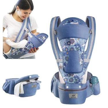 Imagem de Mochila Bolsa Canguru Ergonômico Para Bebê Premium, Portador Carregador de Bebê 3 Em 1, Alça Ajustável, Bolsos Laterais Multifuncionais (Azul Florido)