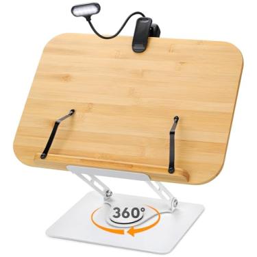 Imagem de Suporte de livro grande para leitura com base giratória de 360°, suporte de mesa de 39 cm x 28 cm com luz de livro, suporte dobrável para livros didáticos, receitas, laptop, partituras