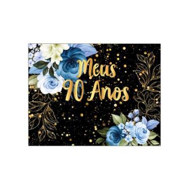 Imagem de Painel de Festa Horizontal 1,55 X 1,20 - Meus 90 Anos Floral Azul Efei