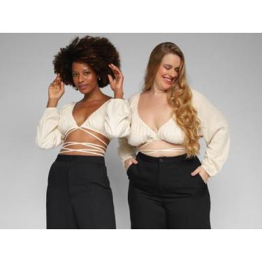 Imagem de Top Cropped Vista Magalu Manga Longa Amarração, Branco, GG