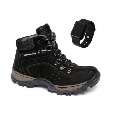 Imagem de Kit Bota Trilha Masculina Tamanho Especial Coturno Couro + Relógio - O