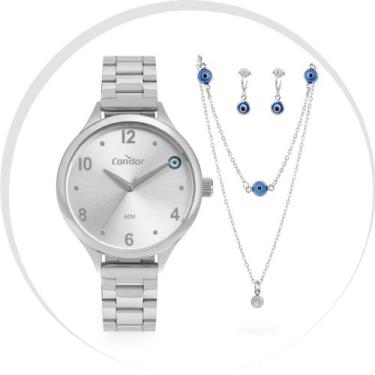 Imagem de Relógio Feminino Prata Condor Kit Colar Brincos Olho Grego