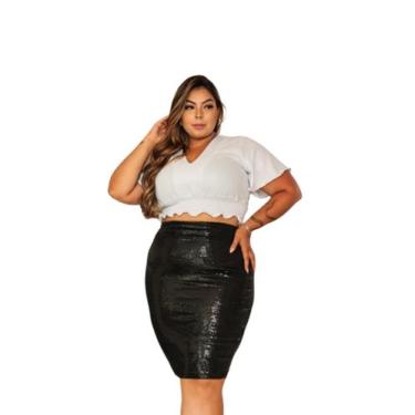 Imagem de Saia Paetê Moda Evangélica Plus Size Brilho Cintura Alta, Preto, G2