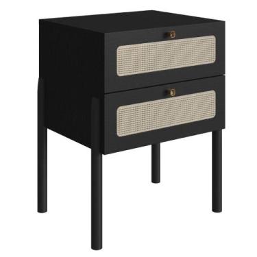 Imagem de Mesa Cabeceira 2 Gavetas Oslo Artesano 48 cm (larg) MDP Nero Palha Sin
