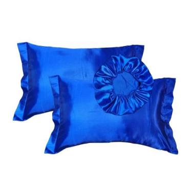 Imagem de Kit Cetim Seda Luxo 2 Fronhas 1 Touca Antifrizz - Magic Enxovais, Azul