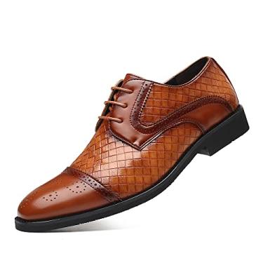 Imagem de Sapato social masculino casual de negócios, italiano, príncipe, clássico, com cadarços, brogues, moderno, formal, tecido Oxfords, Marrom, 46