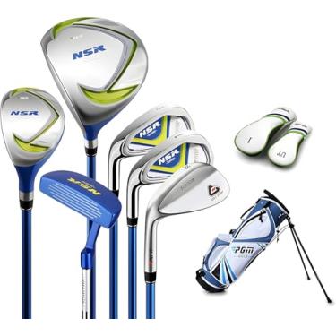 Imagem de PGM Clube de golfe júnior, conjunto completo de tacos de golfe NSR canhoto para crianças de 3 a 5 anos, 6 peças de tacos de golfe juvenis com bolsa de suporte e 2 capas de cabeça para meninos e