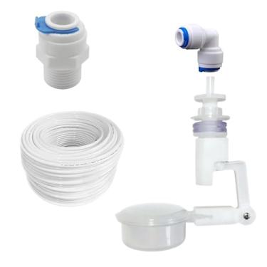 Imagem de Kit Boia Nível de Água + Mangueira 1/4 + União 1/4 + Conector Reto Rosca Macho 1/2 Engate Rápido 1/4 (Engate Branco, 05 Metros de Mangueira)