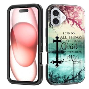 Imagem de BFUKVOU Capa para iPhone 16 com suporte embutido, à prova de choque/poeira/queda, 3 camadas, capa protetora de grau militar para iPhone 16 de 6,1 polegadas 2024, versículos bíblicos Filipenses 4:13