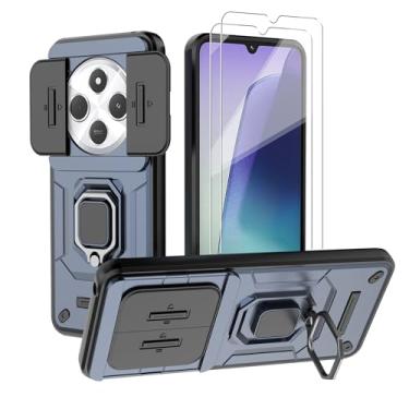 Imagem de WRTBS Capa de telefone para Xiaomi Redmi 14C / Poco C75 4G - 2 unidades, com protetor de tela de vidro temperado, capa com proteção de câmera deslizante embutida e suporte multifunções - Azul e Preto