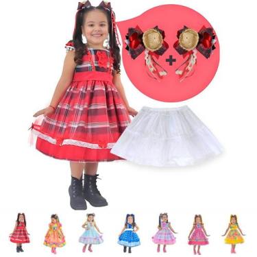 Imagem de Vestido Festa Junina Luxo Várias Cores + 2 Enfeite Cabelo + Saia Armaç