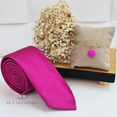 Imagem de Kit gravata mais pulseira para padrinhos de casamento rosa fúcsia grav
