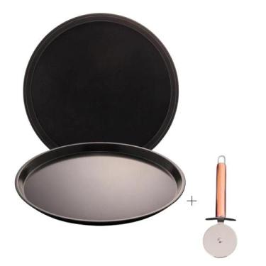 Imagem de Conjunto 2 Assadeiras Antiaderentes 37x2cm Cada + 1 Cortador de Pizza 