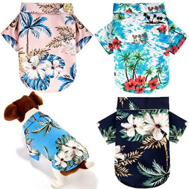 Imagem de 4 peças de camisetas havaianas para cães de estimação havaianas com estampa de coqueiro, roupa havaiana para cães de pequeno a médio porte (médio)