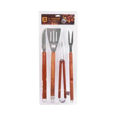 Imagem de Kit Para Churrasco Inox Cabo de Madeira Grande 4 Pcs Bel - Belfix