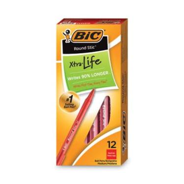 Imagem de BIC Caneta esferográfica Round Stic Xtra Life, ponta média (1,0 mm), vermelha, 24 unidades