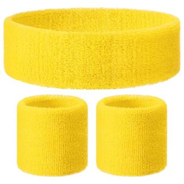 Imagem de Knitgrip Conjunto de 3 faixas de suor neon dos anos 80, pulseira e faixa de cabeça, acessórios de guerra coloridos, faixas esportivas para festa de verão (amarelo)