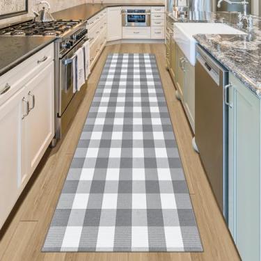 Imagem de Aoczes Tapete xadrez Buffalo 10 x 3 m, cinza e branco, tapete quadriculado de algodão, tapete lavável para corredor, cozinha, lavanderia, quarto, sala de estar