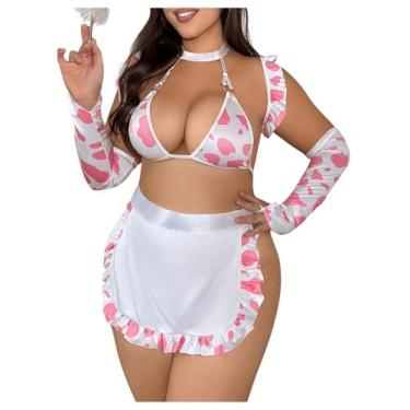 Imagem de WDIRARA Conjunto de lingerie feminina plus size, 7 peças, cosplay de vaca, fantasia, roupa de empregada, rosa, branco, 2GG, plus