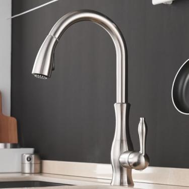 Imagem de Torneiras de cozinha Prata Alça única Puxador de cozinha Torneira de cozinha Alça de furo único Giratória 360 graus Torneira misturadora de água Torneira misturadora, Nichel escovado