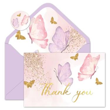 Imagem de Whaline Pacote com 24 cartões de agradecimento borboleta roxo rosa cartões de notas em branco com adesivo envelope folha ouro cartões comemorativos para casamento aniversário chá de panela