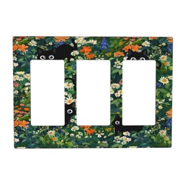 Imagem de Algranben Capa decorativa para interruptor de luz de gato preto, folhas verdes, floral, 3 gangues, tripla, flor, margarida, placa de parede, tomada elétrica, para banheiro, cozinha, quarto