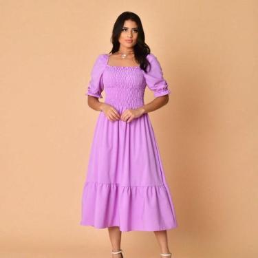 Imagem de Vestido midi liso crepinho lastex manga curto 1942 - NoBrand, Lavanda,