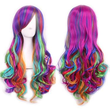 Imagem de IMISSU Perucas de cabelo longo natural peruca cosplay com franja colorida fantasia de Halloween perucas de festa (Rosa Amarelo Roxo)