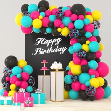Imagem de Rose Red Teal Blue Black Balloon Garland Kit, 122PCS Teal Turquoise Blue Yellow Balloons Aqua Blue Hot Pink Black Balloons for 80S 90S Tik Music Tok Disco Wine Birthday Party Decors