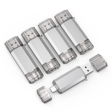 Imagem de RAOYI Pacote com 5 unidades de 64 GB USB C Flash Drive, 2 em 1 USB 3.0 Tipo C Dual OTG Metal Thumb Drive Jump Drive Memory Stick com chaveiro adequado para smartphones USB-C, MacBook, computadores e tablets (prata)