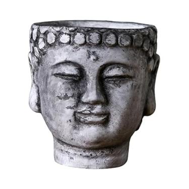 Imagem de Generic Cabeça de buda de cimento vaso de flores recipiente de planta bonsai decoração vaso de flores plantador para café desktop jardim pátio interno, Cinza Pedra