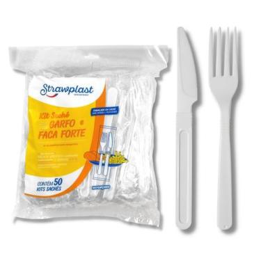 Imagem de Garfo E Faca Reforçado Branco Embalado 50 Und. - STRAWPLAST