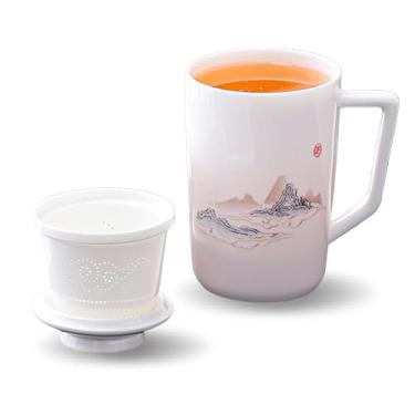 Imagem de Xícara de chá de cerâmica com infusor e tampa, caneca de 440 ml para folhas soltas, xícara de café de design fino e leve, xícara de leite de porcelana para escritório em casa, presente para amantes de