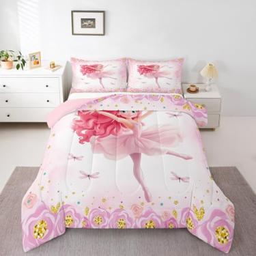 Imagem de Manfei Jogo de cama solteiro com estampa de flor de libélula rosa, princesa, kawaii, bailarina kawaii, edredom leve, 1 fronha