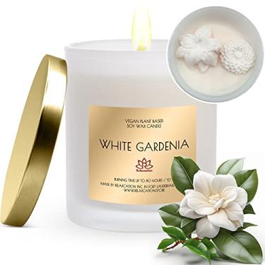 Imagem de Vela de cera de soja natural em frasco de vidro | Velas de soja perfumadas de gardênia branca de luxo com incorporações | Aroma delicado e floral | Aromaterapia de 80 horas de queima longa | Caixa
