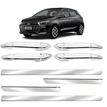 Imagem de Friso Lateral Largo + Maçaneta Externa 4 Portas Adaptável para HB20 Hatch 2020 2021 2022 2023 2024 Kit Cromado
