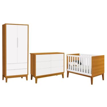 Imagem de Dormitório Completo Infantil Classic 2 Portas, Cômoda 6 Gavetas e Berço com Pés Amadeirado - Reller Móveis Branco/Savana